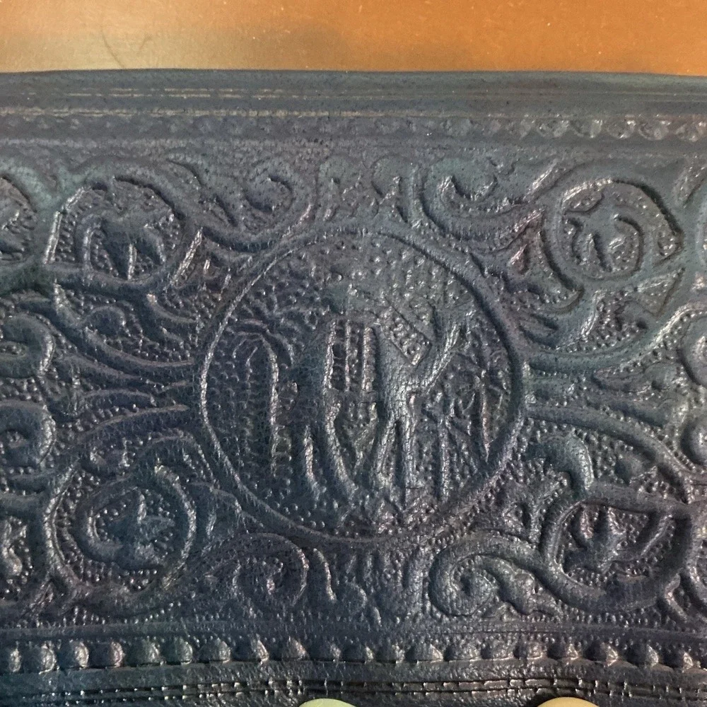 Wallet Moroccan Leather Genuine carved Bi-fold Handmade Unisex Blue‎ Medium